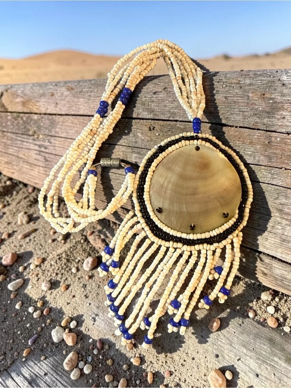 Vintage Beaded Statement Necklace Shell Pendant Fringe Boho Tribal Style